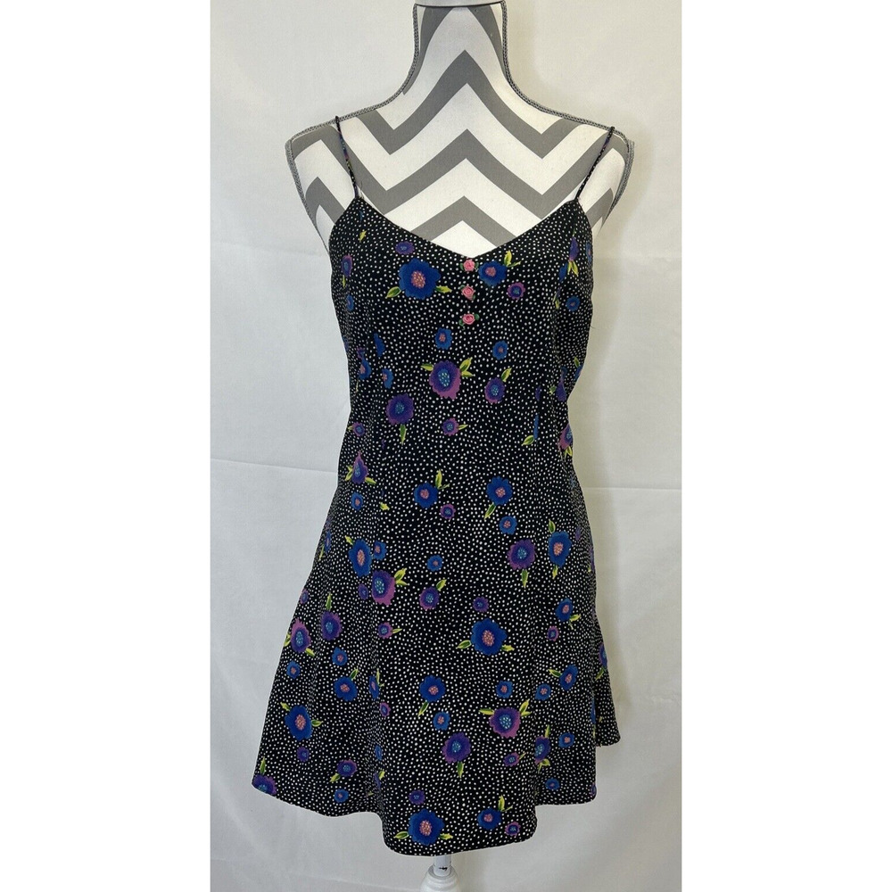 Vtg Y2K Circa 2000 Womens Dress/Nightgown Sz S Black Floral Polka Dot Micro Mini